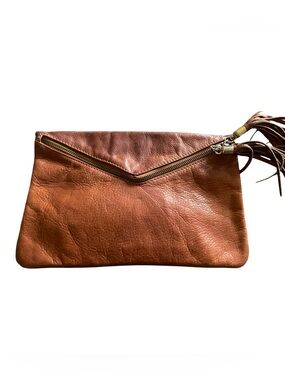 Italian Leather Envelope Wristlet Clutch in Cognac Brown
